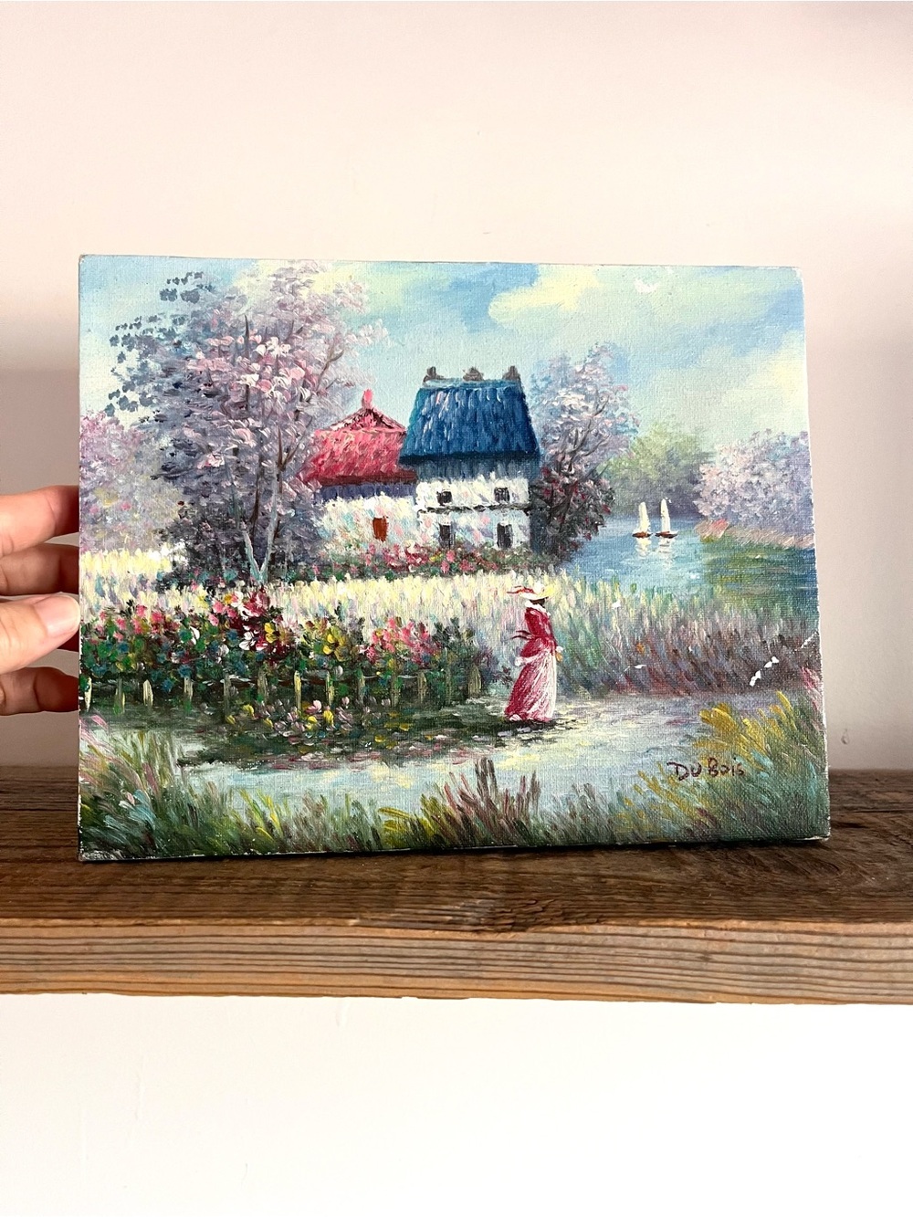 Hand-Painted Cottage Landscape Canvas Art in Blue and Pink